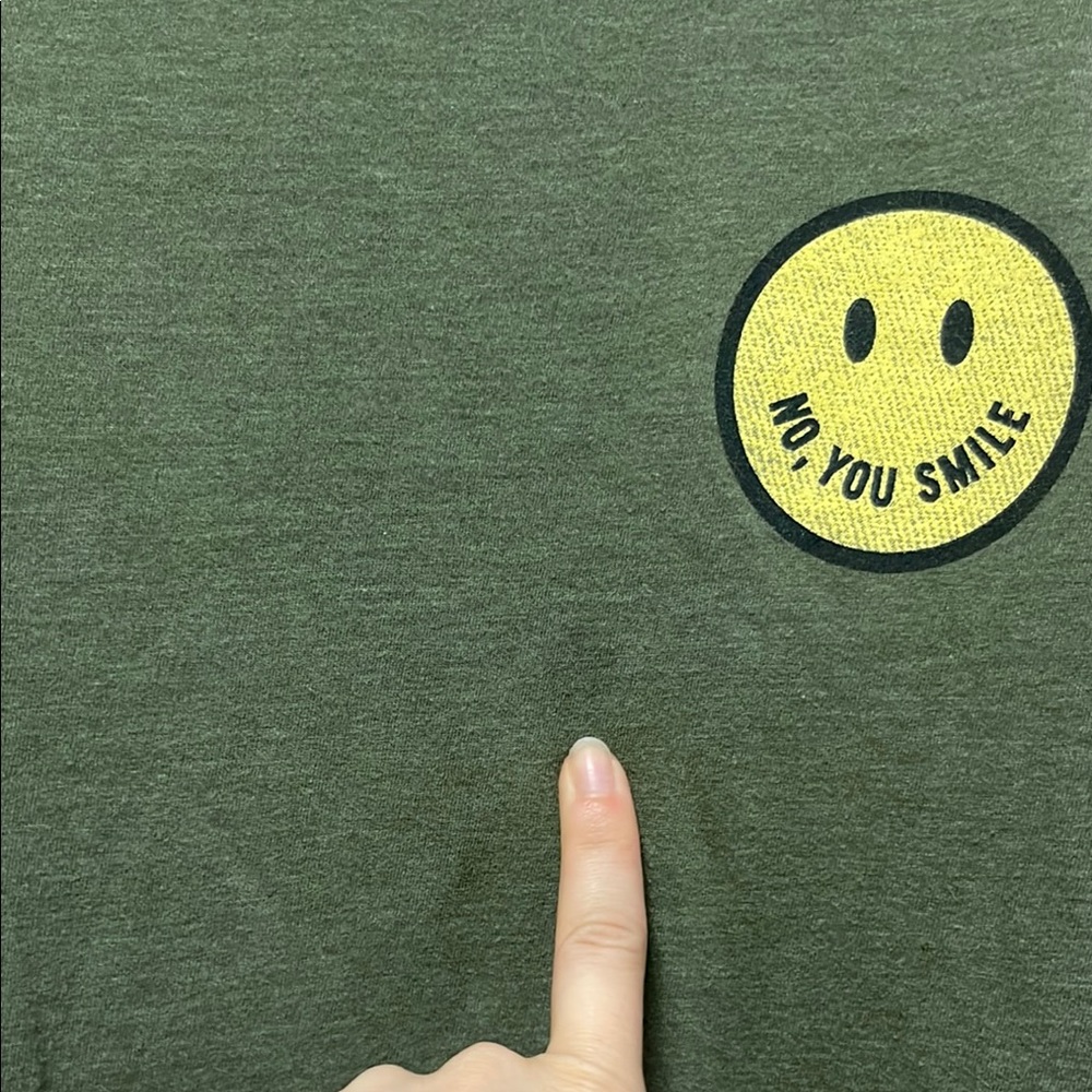 Olive Green T-Shirt with Smiley Face Graphic - Picture 3 of 6